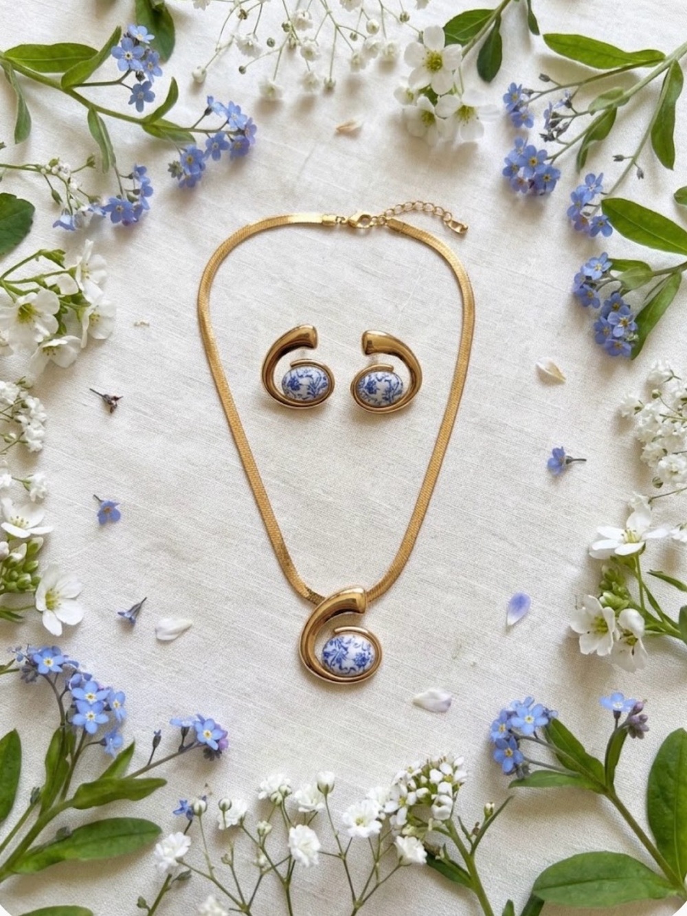 Gold Necklace and Earring Set with Blue Floral Porcelain Accents